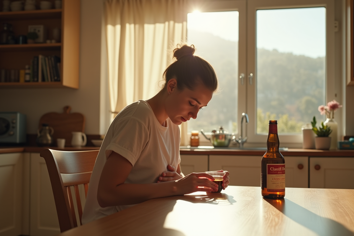 Personne seule à la cuisine avec alcool et mal-être
