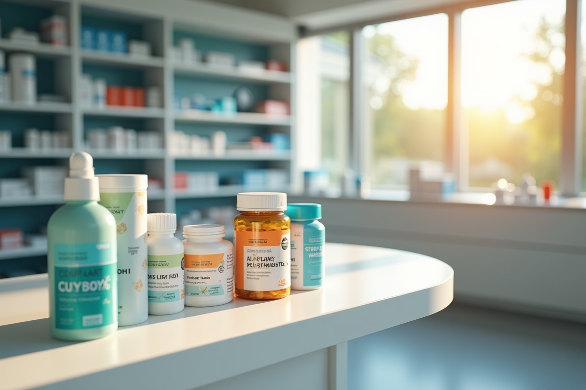 comptoir de pharmacie avec produits suppressants en lumière naturelle