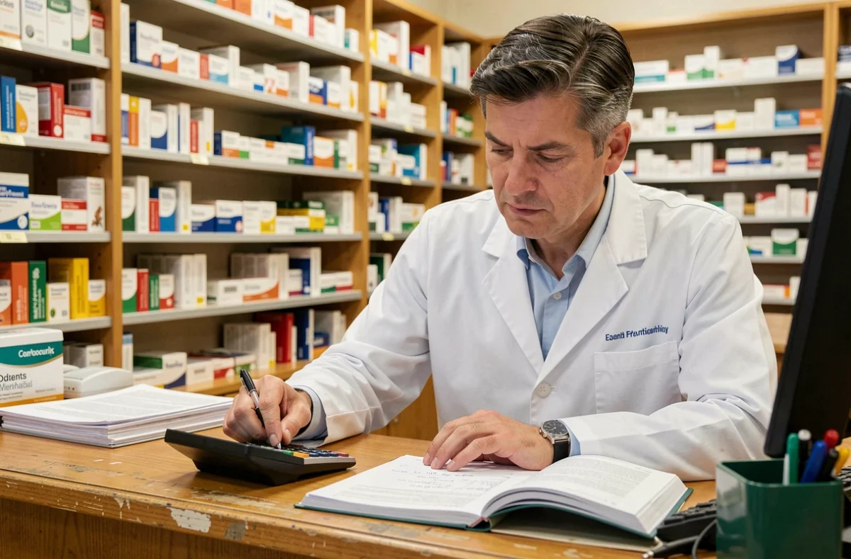 Pharmacien calculant une dose médicamenteuse avec une calculatrice et une ordonnance manuscrite