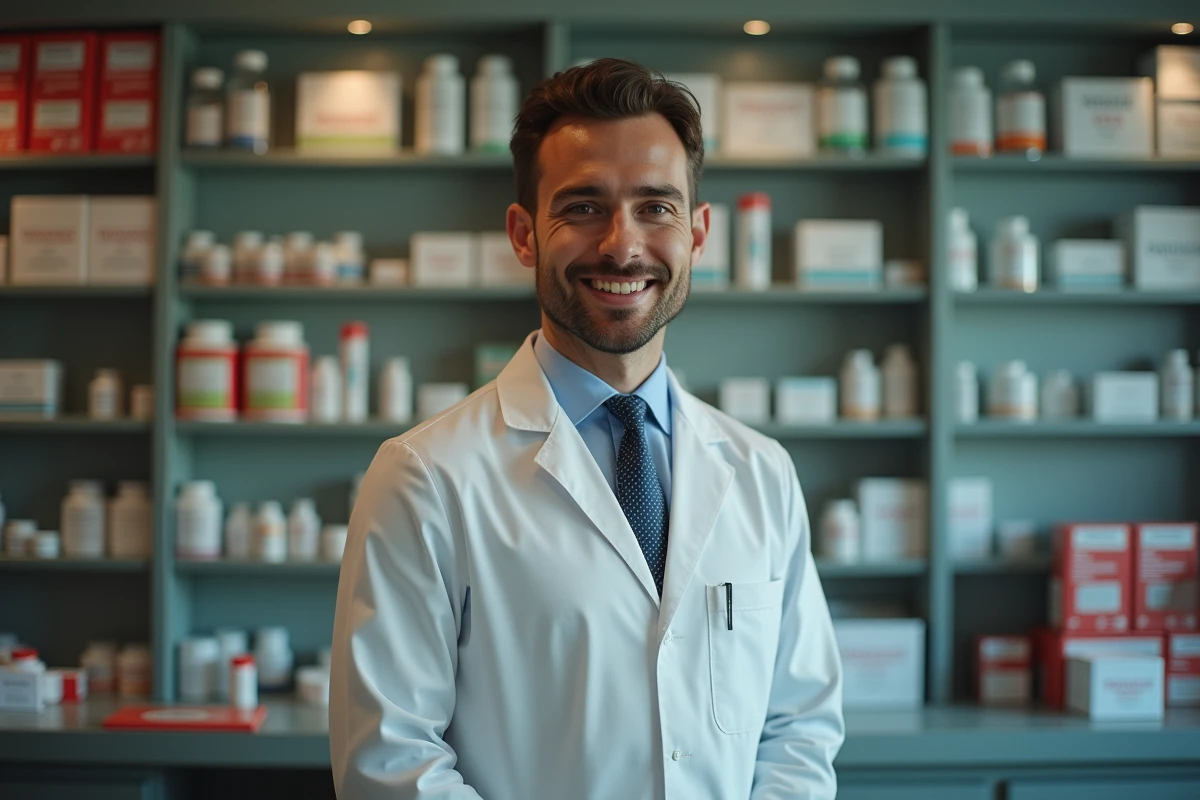 Jeune pharmacien souriant derri&egrave;re le comptoir en pharmacie