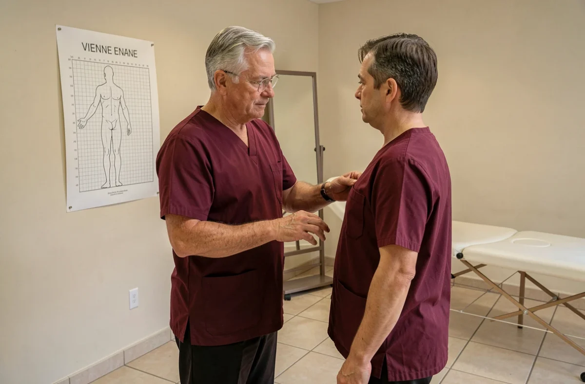 Philippe De Bellefon, ostéopathe dans la Vienne, réalisant un bilan postural d'un patient debout