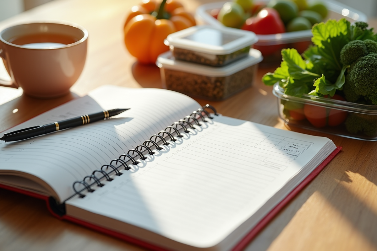 Journal de planification de repas avec fruits et légumes frais