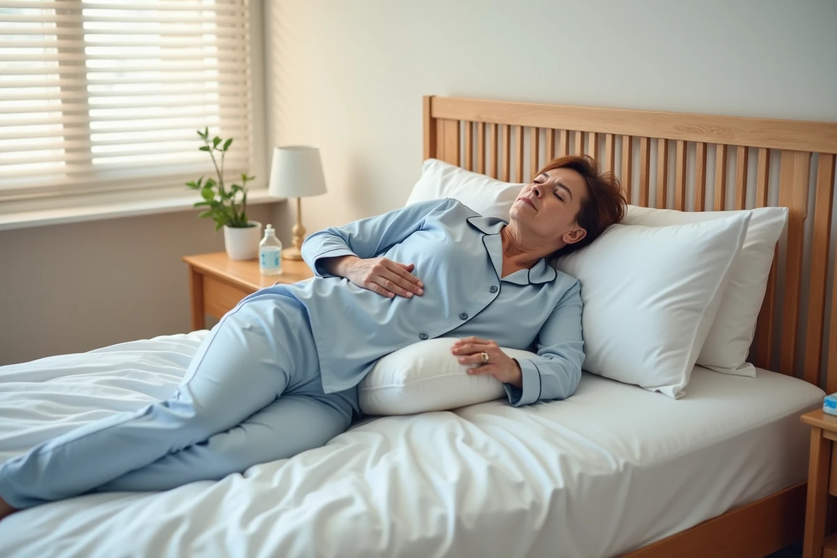 Femme allongée en position latérale avec oreiller entre les genoux pour éviter les erreurs de posture lors de la guérison d'un coccyx fracturé