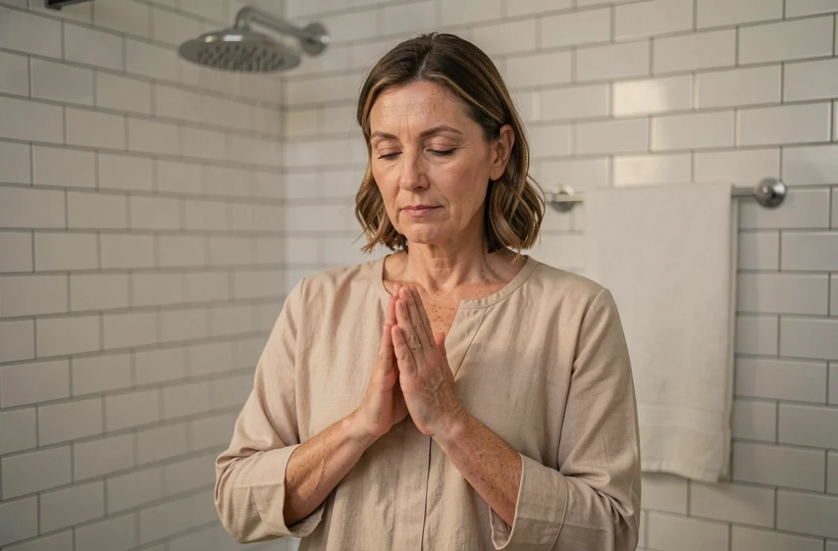 Femme portant une tunique beige dans une salle de bain moderne se préparant aux grandes ablutions rituelles