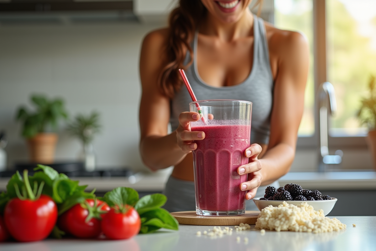 Femme sportive prepare un smoothie proteine coloré