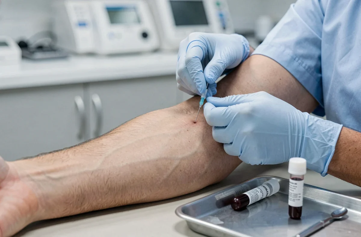 Prise de sang médicale sur un athlète pour analyser le taux de transaminases SGPT après un entraînement sportif intense