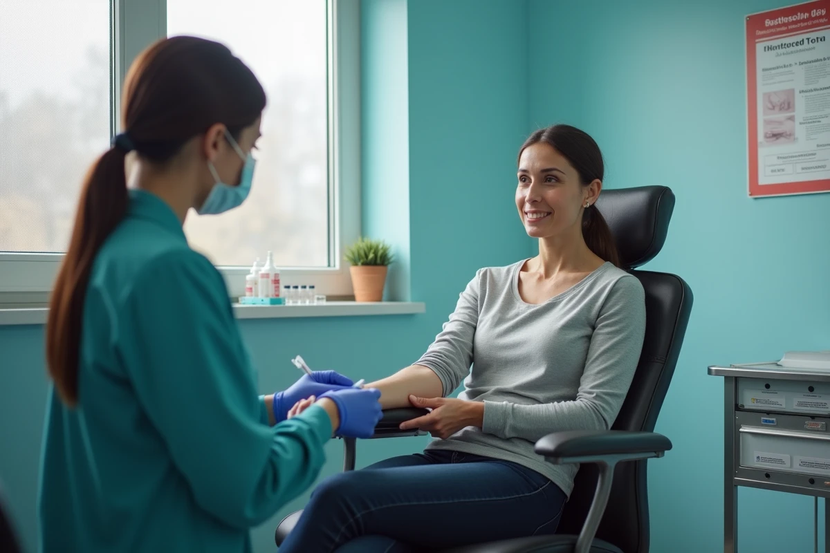 Patiente lors d'une prise de sang en laboratoire dans le cadre du suivi d'un bilan hématologique incluant le TCMH