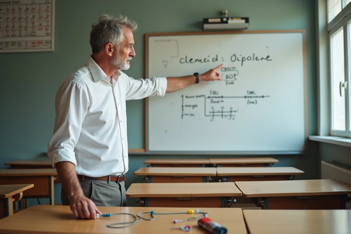 Professeur de physique expliquant le calcul de tension aux bornes d'un dipôle devant un schéma électrique au tableau