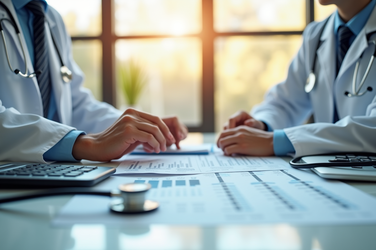 Professionnel de santé en costume examinant des documents financiers