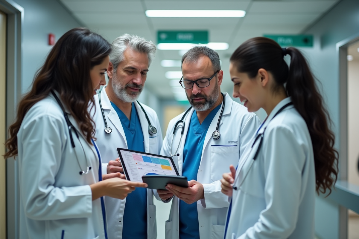 Professionnels de santé discutant loi RIST dans un couloir
