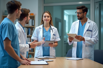 Professionnels de santé en réunion dans une salle d'hôpital
