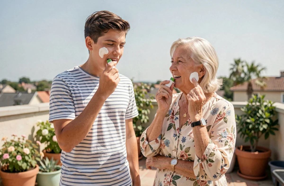 Adolescent et femme âgée appliquant de la protection solaire ensemble sur une terrasse ensoleillée au printemps, prévention UV pour tous les âges