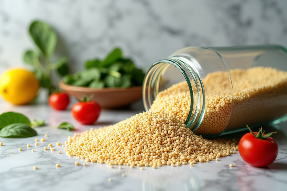 Grains de quinoa crus avec tomates cerises et citron sur un plan de travail