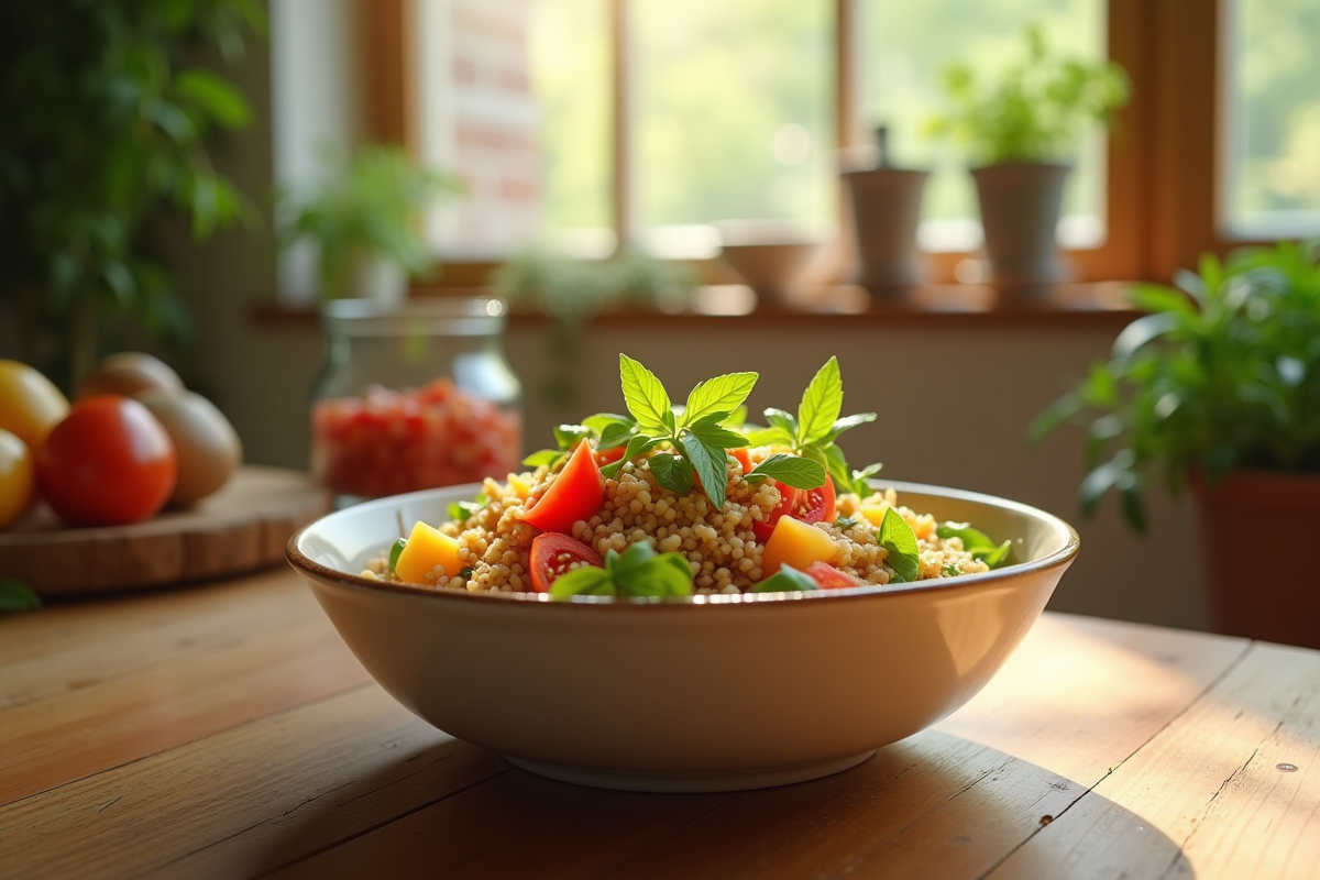Bol de quinoa cuit avec légumes frais dans une cuisine lumineuse
