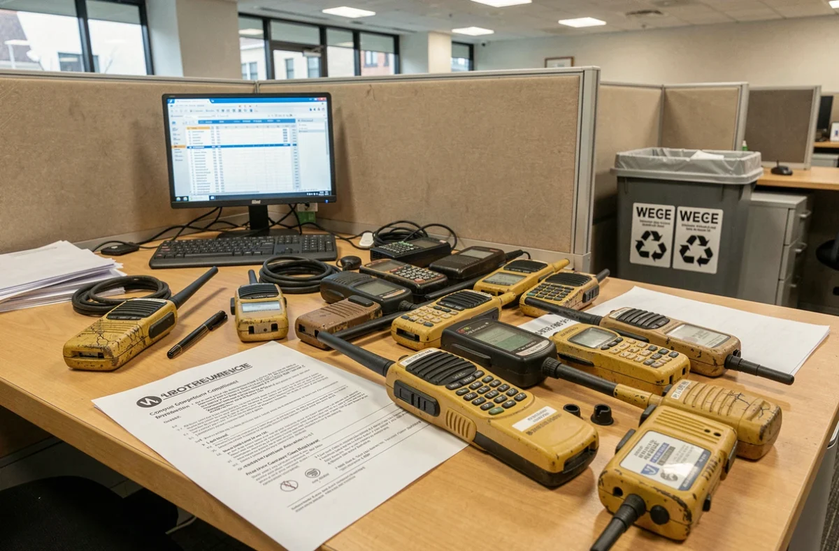 Bureau d'entreprise avec des radios professionnelles obsolètes et un document de conformité au recyclage DEEE