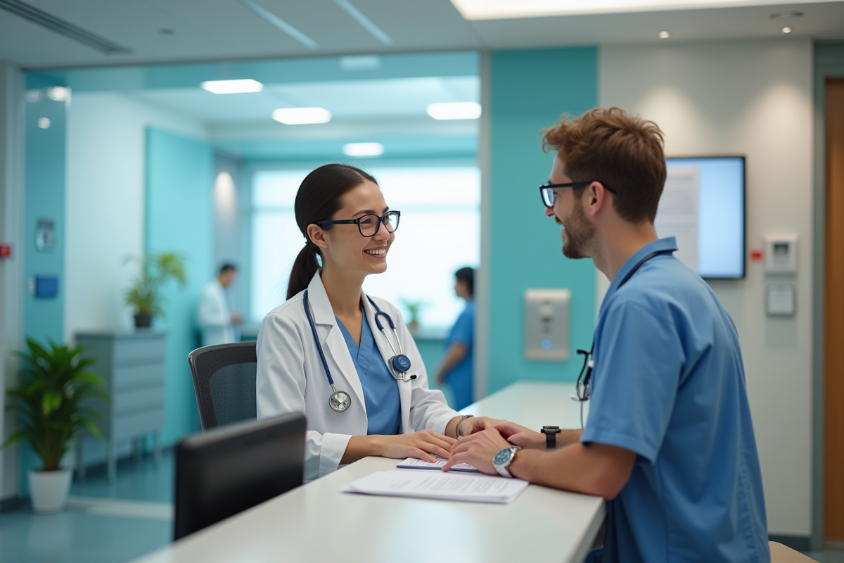 Réceptionniste hospitalier accueillant un patient dans le hall