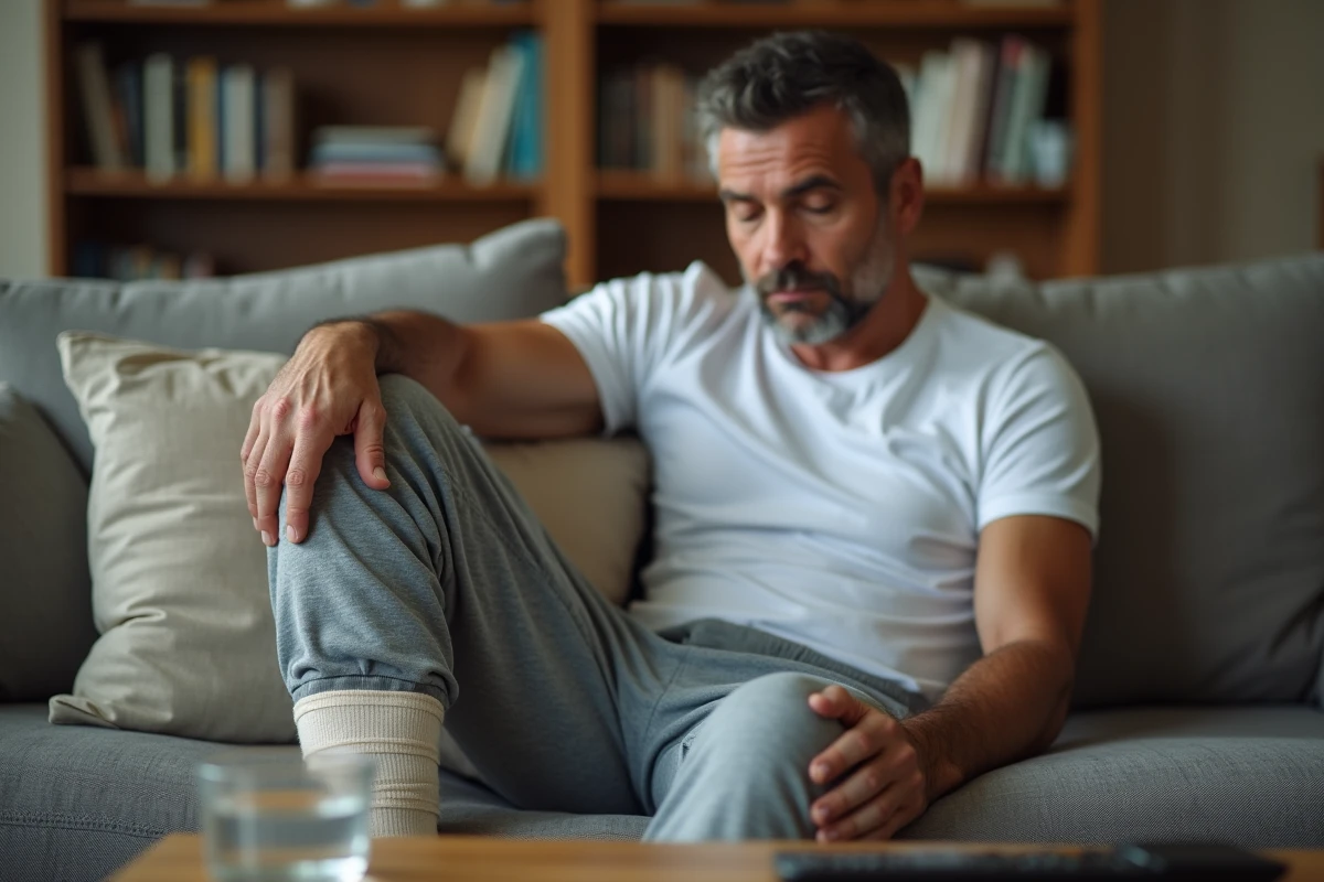 Homme en convalescence à domicile avec la jambe surélevée et un bandage de compression après chirurgie des varices