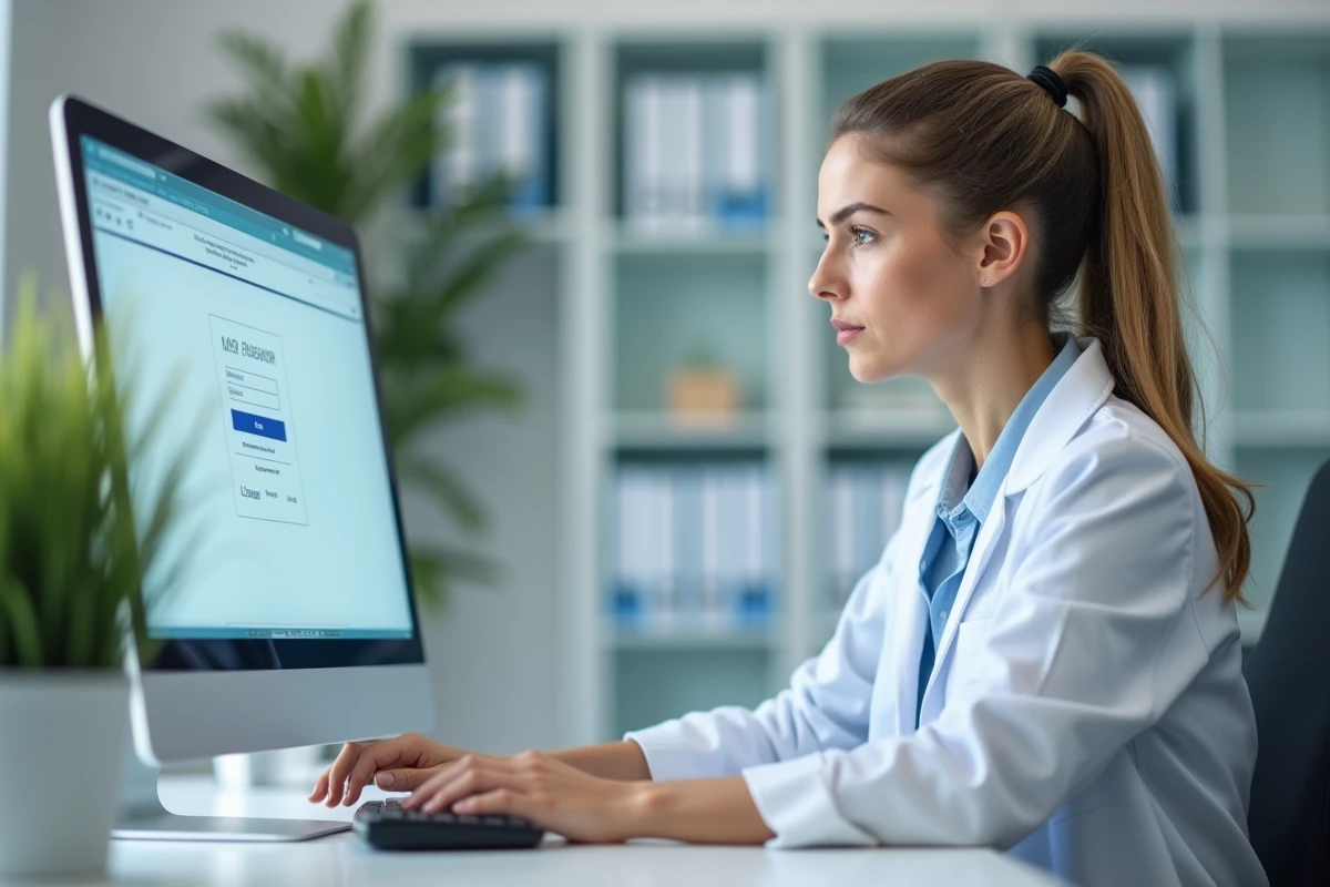 Professionnelle de santé tentant de récupérer son mot de passe sur le portail Medisys depuis un ordinateur de bureau en milieu hospitalier