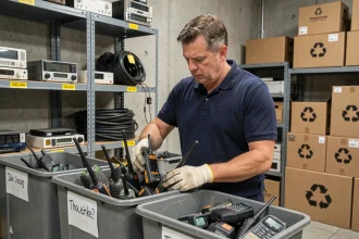 Technicien triant des radios professionnelles usagées dans des bacs de recyclage en entreprise