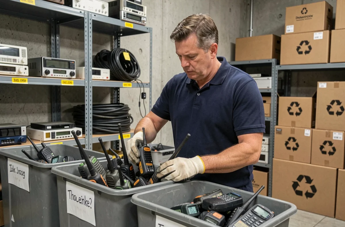 Technicien triant des radios professionnelles usagées dans des bacs de recyclage en entreprise