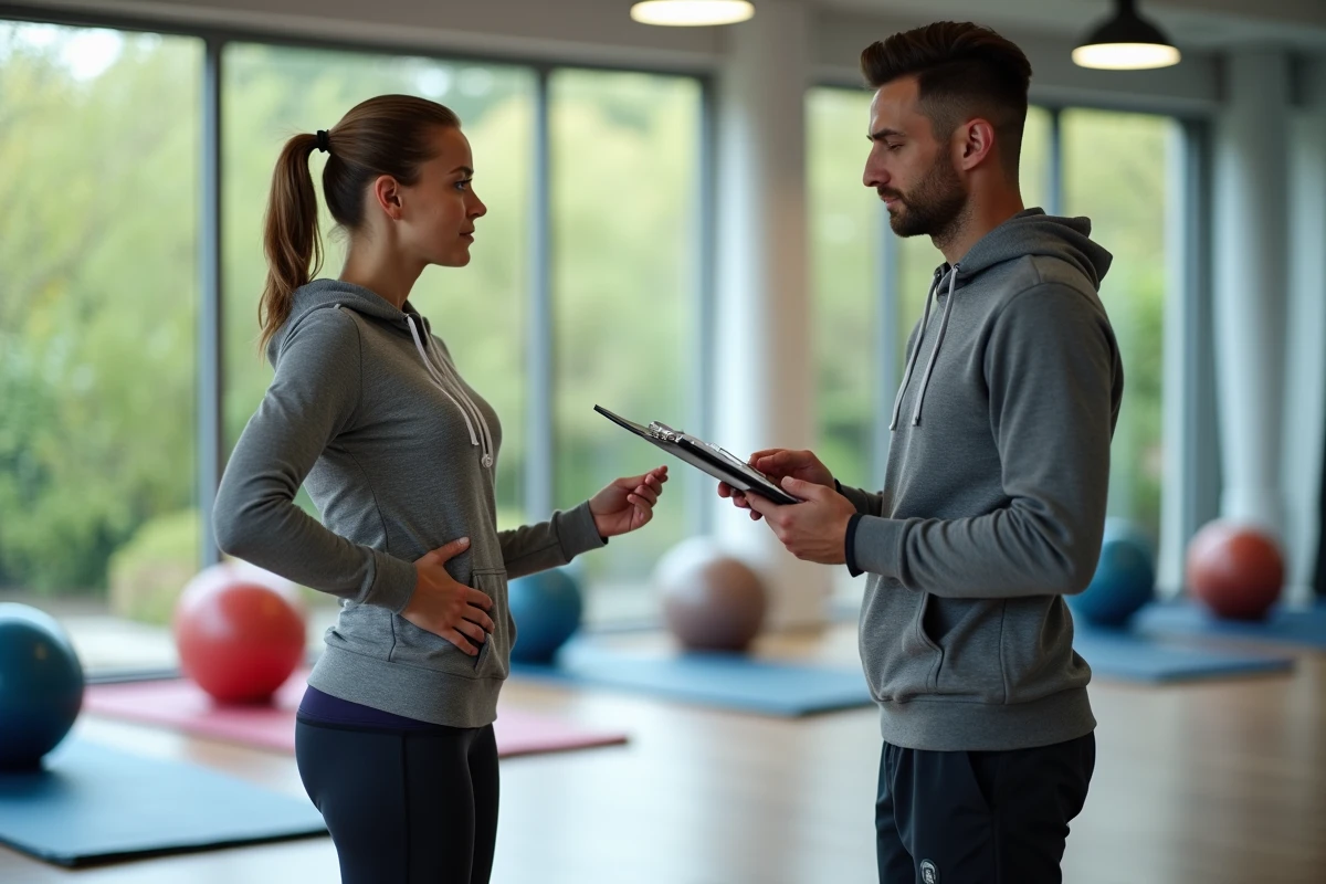 Femme en rééducation sportive avec physiothérapeute