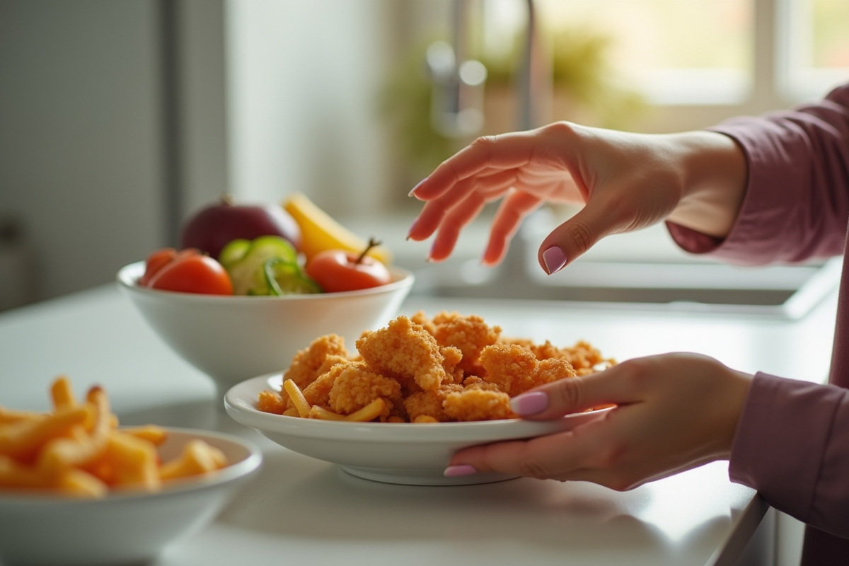 Main d une femme refusant un plat de fast food avec fruits frais