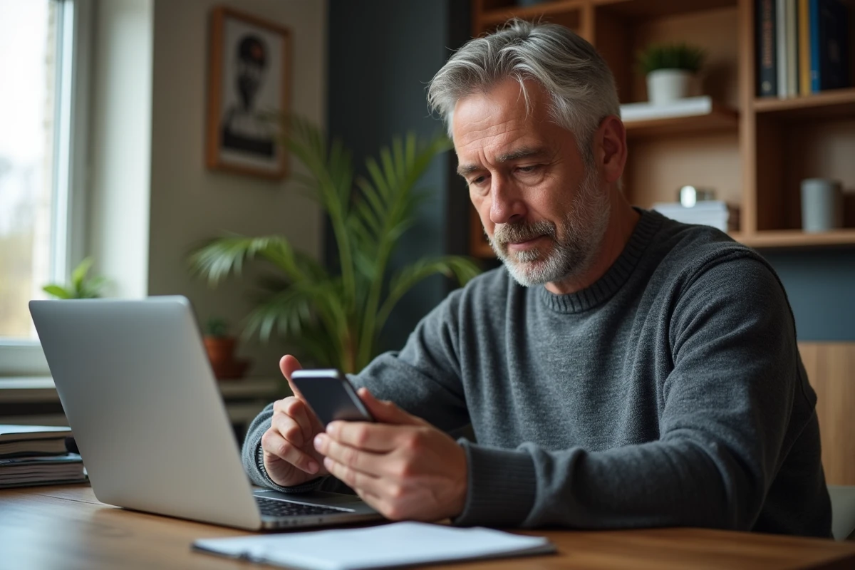 Homme utilisant son smartphone et son ordinateur portable pour réinitialiser un mot de passe oublié sur un portail médical en télétravail