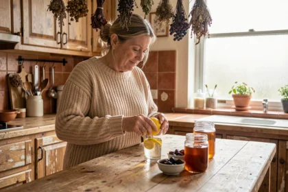 Femme préparant un remède de grand-mère contre la constipation avec citron, pruneaux et miel dans une cuisine rustique