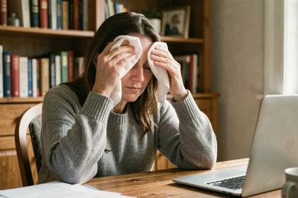 Femme appliquant une compresse froide sur ses yeux pour soulager la fatigue oculaire causée par les écrans
