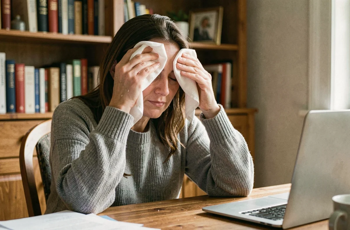 Femme appliquant une compresse froide sur ses yeux pour soulager la fatigue oculaire causée par les écrans