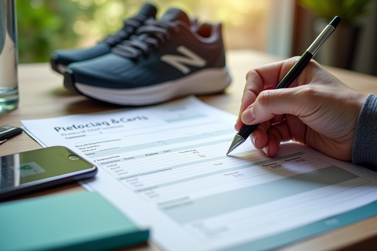 Main remplissant un formulaire de remboursement avec accessoires sportifs