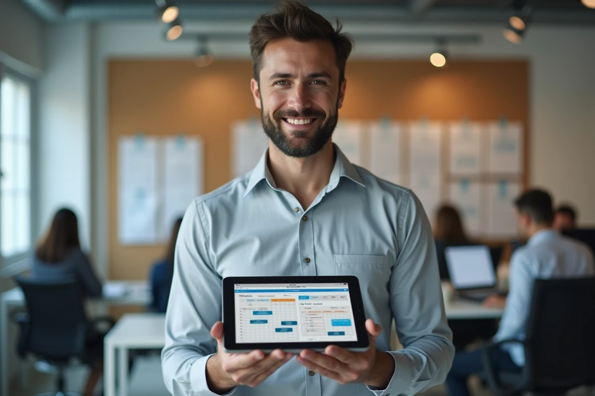 Responsable de centre de santé consultant un tableau de bord de planification sur tablette dans un espace de coordination