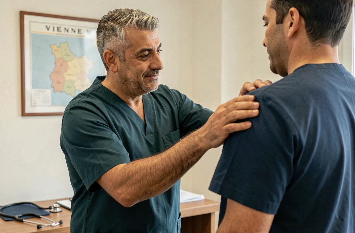 Roger Achkar, ostéopathe dans la Vienne, examinant l'épaule d'un patient debout en consultation