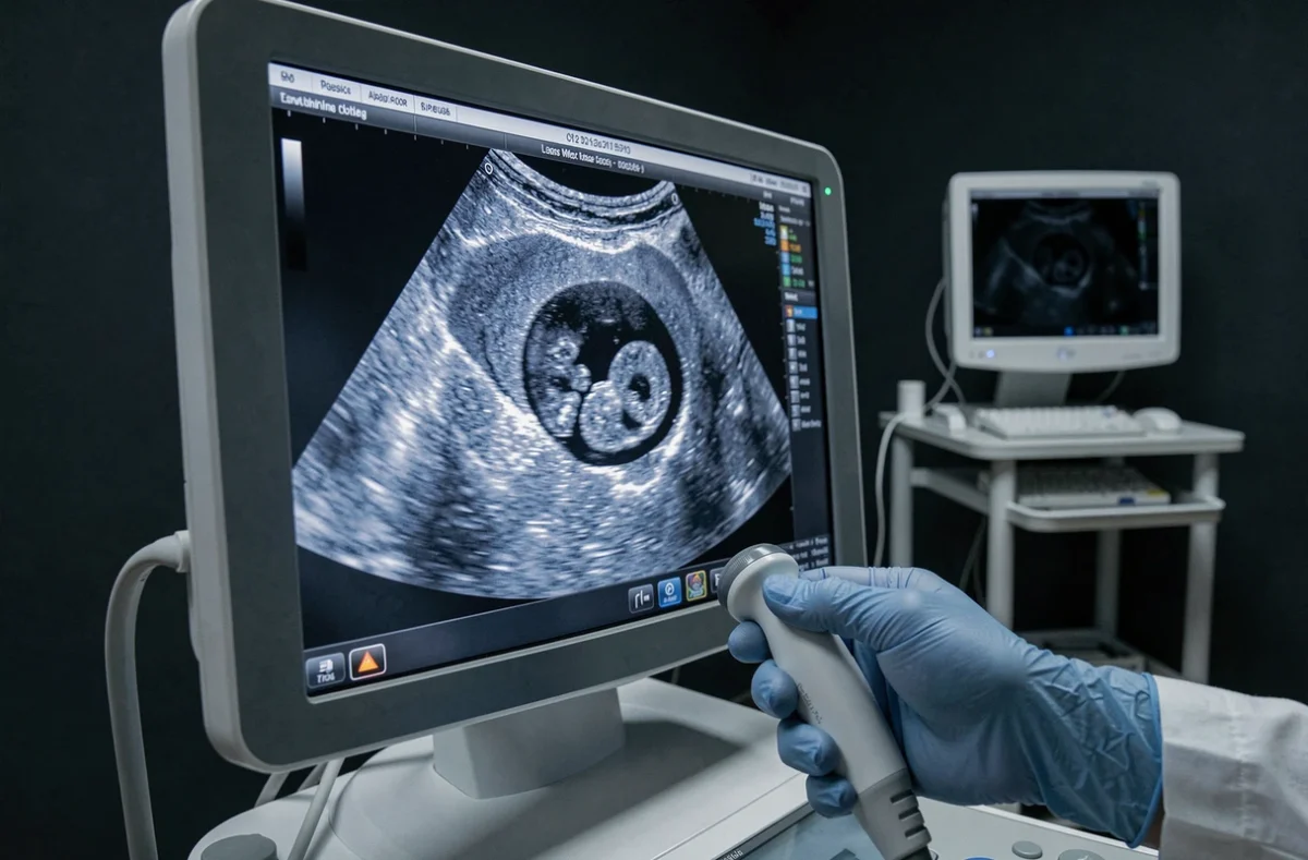 Écran d'échographie montrant un sac gestationnel au début de la grossesse à 5 semaines, avec la main gantée d'un technicien en sonographie