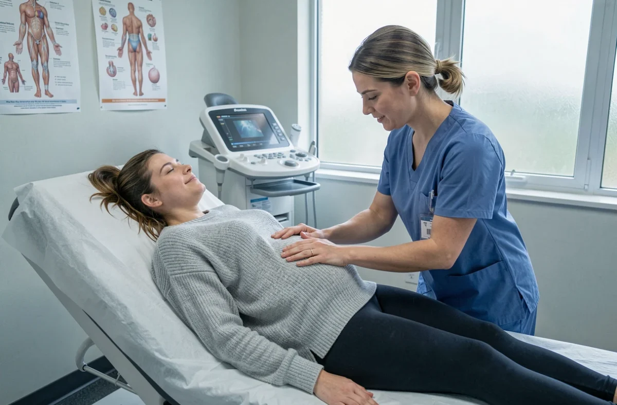 Sage-femme examinant une femme enceinte en consultation prénatale pour évaluer la dilatation du col avant l'accouchement