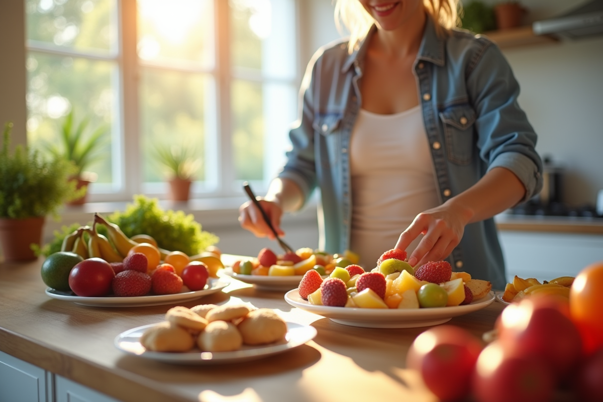 Personne préparant une salade de fruits dans une cuisine lumineuse