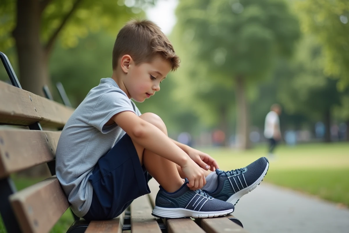 Enfant assis sur un banc de parc pendant qu'un adulte insère une semelle correctrice dans sa chaussure de sport