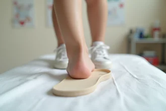 Semelle orthopédique pour pied plat enfant posée à côté d'un petit pied sur une table d'examen podologique