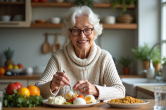 Femme senior souriante préparant un repas riche en protéines