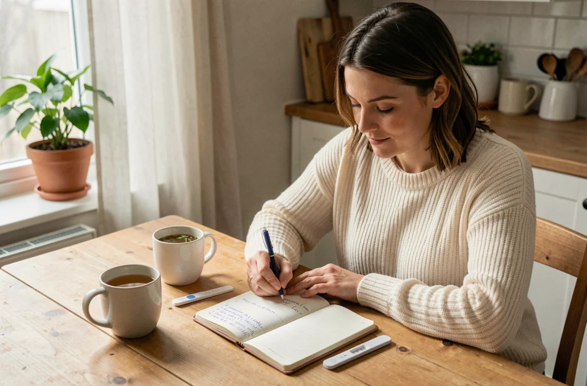 Femme en début de grossesse consultant ses notes de suivi de grossesse à domicile avec un test de grossesse positif sur une table en bois