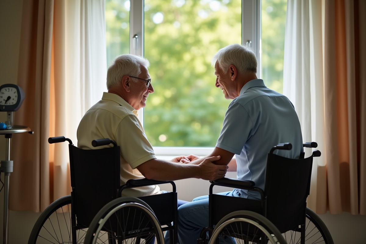 Fils aidant son père en fauteuil dans un jardin calme