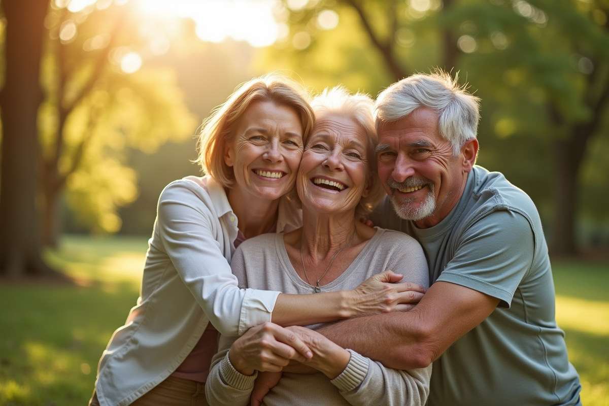 Survivant du cancer souriant avec sa famille dans un parc ensoleille