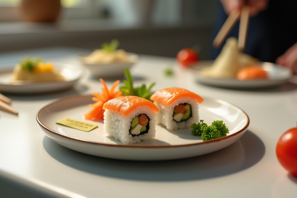 Assiette de sushi avec légumes et étiquette d'avertissement