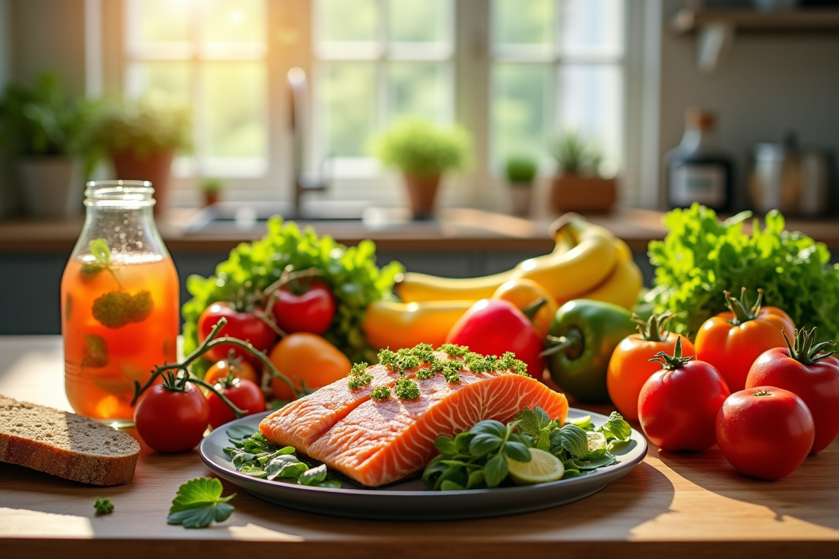 Table de petit déjeuner sain avec fruits et légumes frais