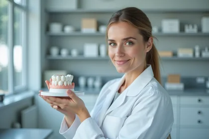 Technicienne dentaire en laboratoire avec couronne c&eacute;ramique