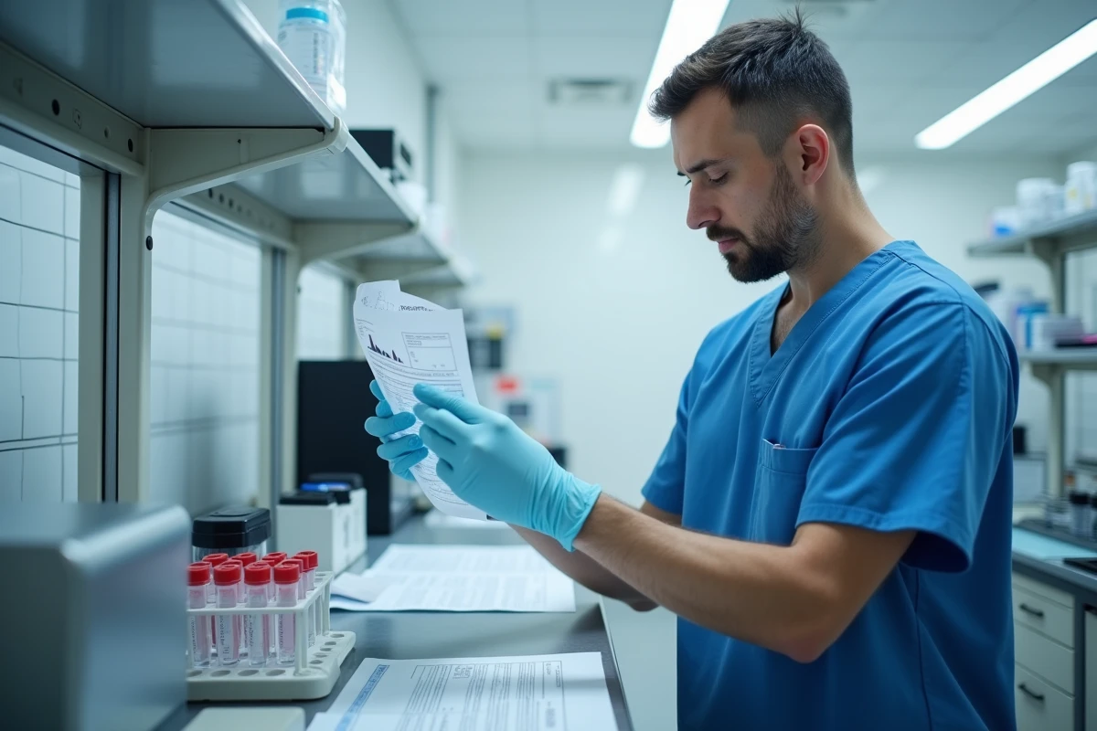 Technicien de laboratoire médical examinant un rapport sérologique avec résultats IgG positifs pour le virus Epstein-Barr