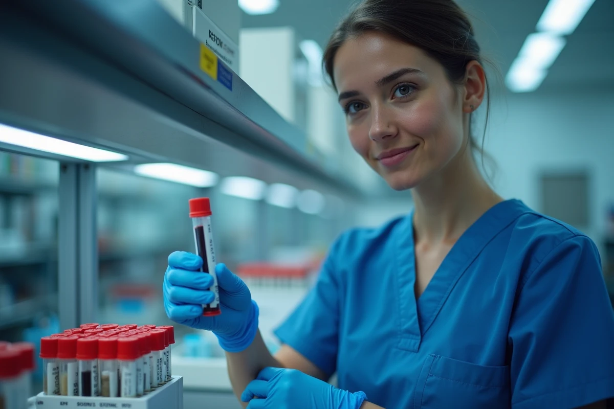 Technicienne de laboratoire manipulant un tube de prise de sang pour analyse des enzymes hépatiques SGOT