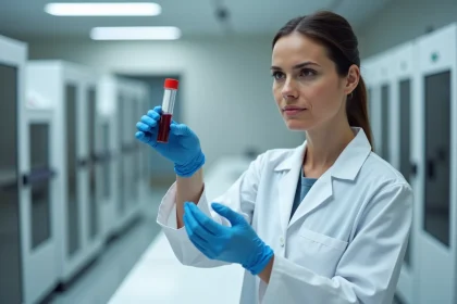 Technicienne de laboratoire examinant un tube de sang pour analyser un TCMH élevé en hématologie clinique