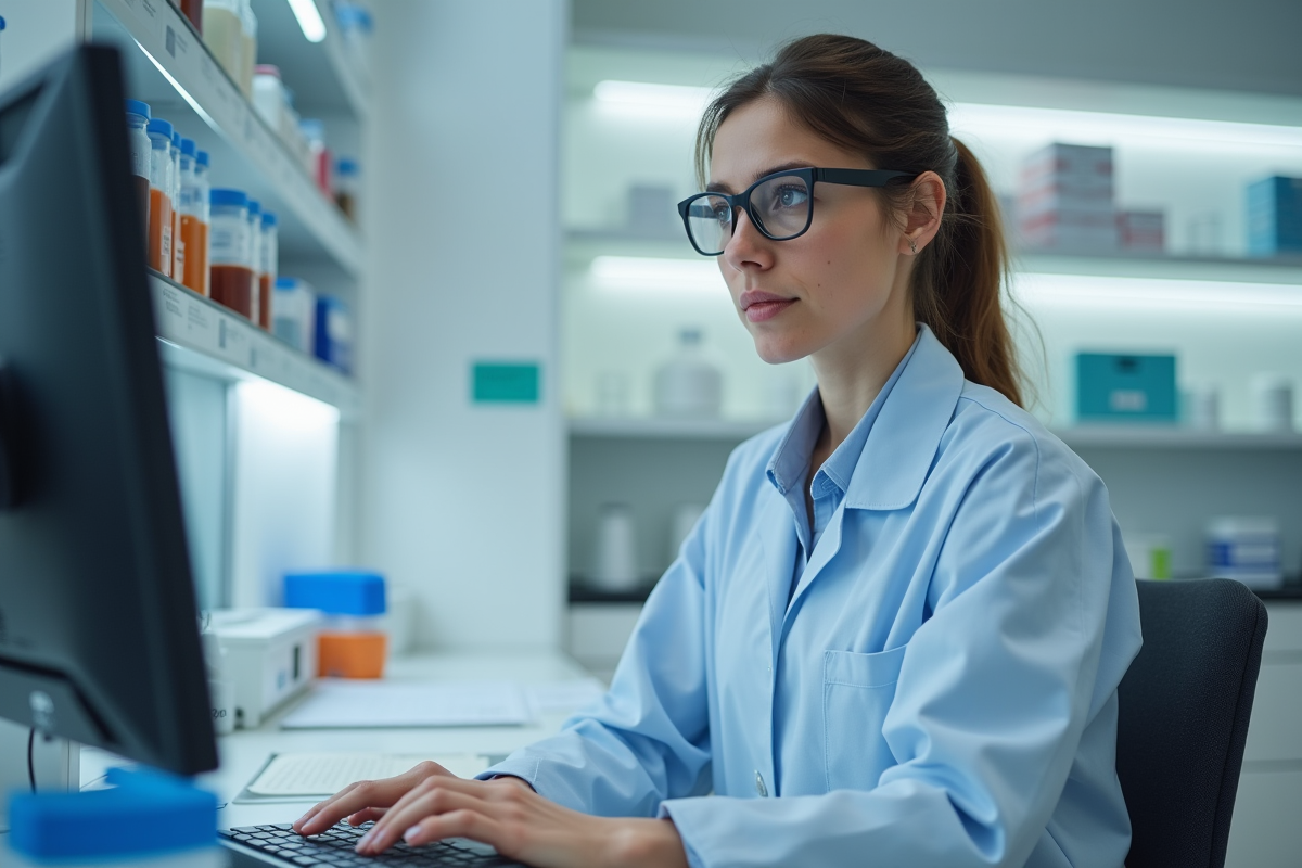 Technicienne de laboratoire saisissant des données sur un ordinateur