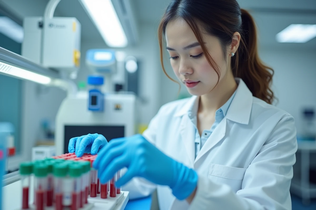 Technicienne de laboratoire manipulant des tubes d'analyse de sang pour mesurer les enzymes hépatiques dont l'ALAT